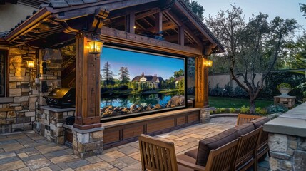 Obraz premium Craftsman-style outdoor projector screen with a wooden frame, providing an ideal backdrop for movie nights under the stars