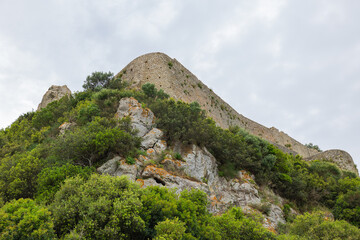 Scenic view of Angelokastro ancient Byzantine castle on the island of Corfu, Greece