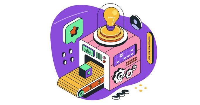 Creative process isometric concept. Moving banner with factory, engineering machinery and conveyor with light bulb. Metaphor of idea generation for business or startup. 3D style graphic animated video
