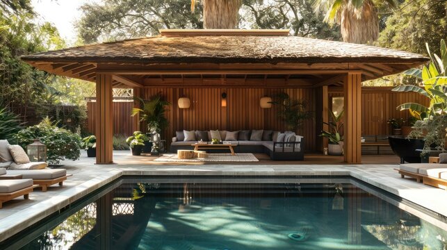 Craftsman-style outdoor pool cabana with wooden walls and a thatched roof, offering a luxurious poolside retreat