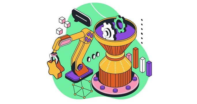Creative process isometric concept. Moving banner with robotic arm, funnel and equipment in factory for generating ideas for business and startup. Product Development. 3D style graphic animated video