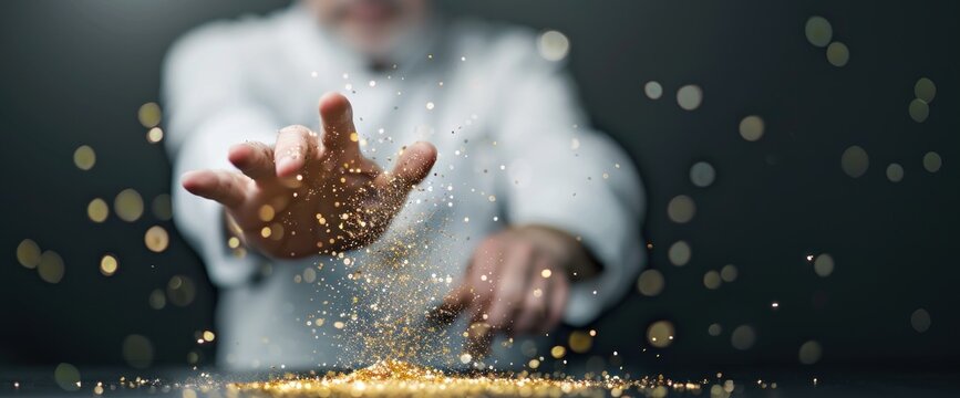 Chef preparing a gourmet dish garnished with edible gold flakes