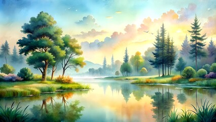 Tranquil Landscape: A Watercolor Depiction of Nature's Serenity Generative Artificially generated