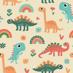 Seamless pattern with dino and rainbows. Colorful print with cute dinosaurs for kids.