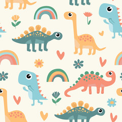 Cute seamless pattern with dinosaurs. Colorful print with cute dinosaurs for kids.
