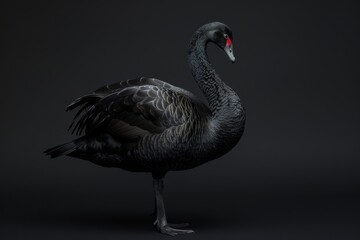 Fototapeta premium the beside view Black Swan, left side view, white copy space on right, isolated on black background