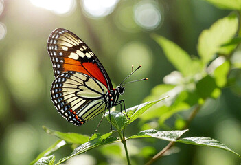 Fototapeta premium A butterfly that is outside with the sun shining through with green natural background
