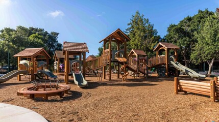 Craftsman-style playground with wooden structures and eco-friendly materials, offering a safe and attractive play area for children