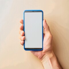 A human hand holding a smartphone with and blue frame, displaying a blank white screen. The background is plain and light-colored.