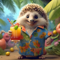 A cute hedgehog on vacation holding a tropical drink on a beach in Hawaii