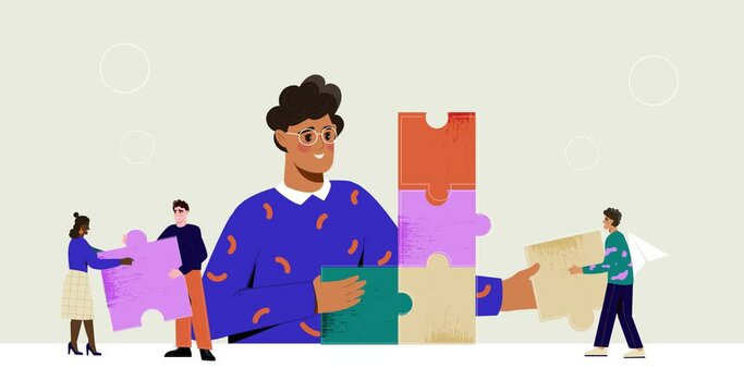 Business teamwork. Collaboration, cooperation and partnership. Moving banner with happy male entrepreneur and team of office workers holding puzzle pieces. Cartoon style graphic animated video clip