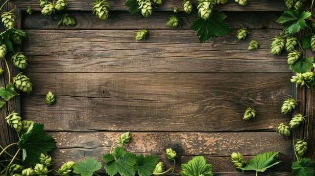 Rustic wood backdrop with green hops frame and empty space