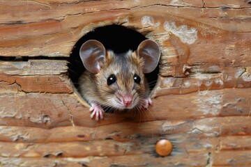 Mouse peeking from hole in old wooden wall