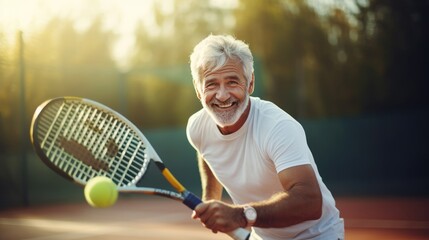 Smiling senior man playing tennis on a sunny day with friends in the background