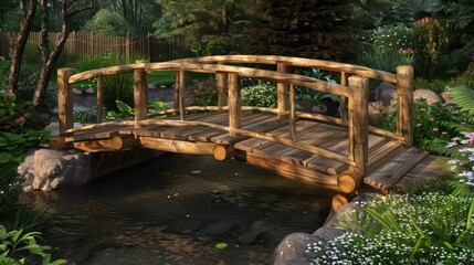 Craftsman-style wooden footbridge over a small garden stream, with handcrafted railings and a sturdy construction