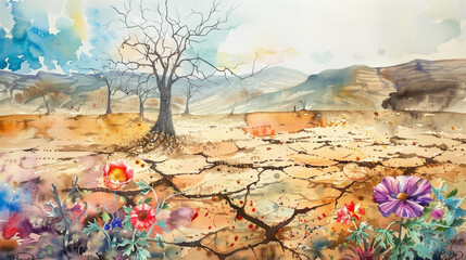 Watercolor Painting, Barren, Desolate landscape stretches across the background, with cracked earth and leafless, trees. Vibrant colorful flowers bloom, symbolizing hope and renewal, Generative AI