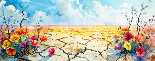 Watercolor Painting, Barren, Desolate landscape stretches across the background, with cracked earth and leafless, trees. Vibrant colorful flowers bloom, symbolizing hope and renewal, Generative AI