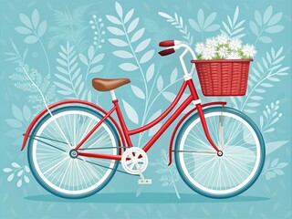 Fototapeta premium Vibrant flat vector illustration of a red bicycle with white wheels and basket, set against a light blue background with stylized foliage patterns.