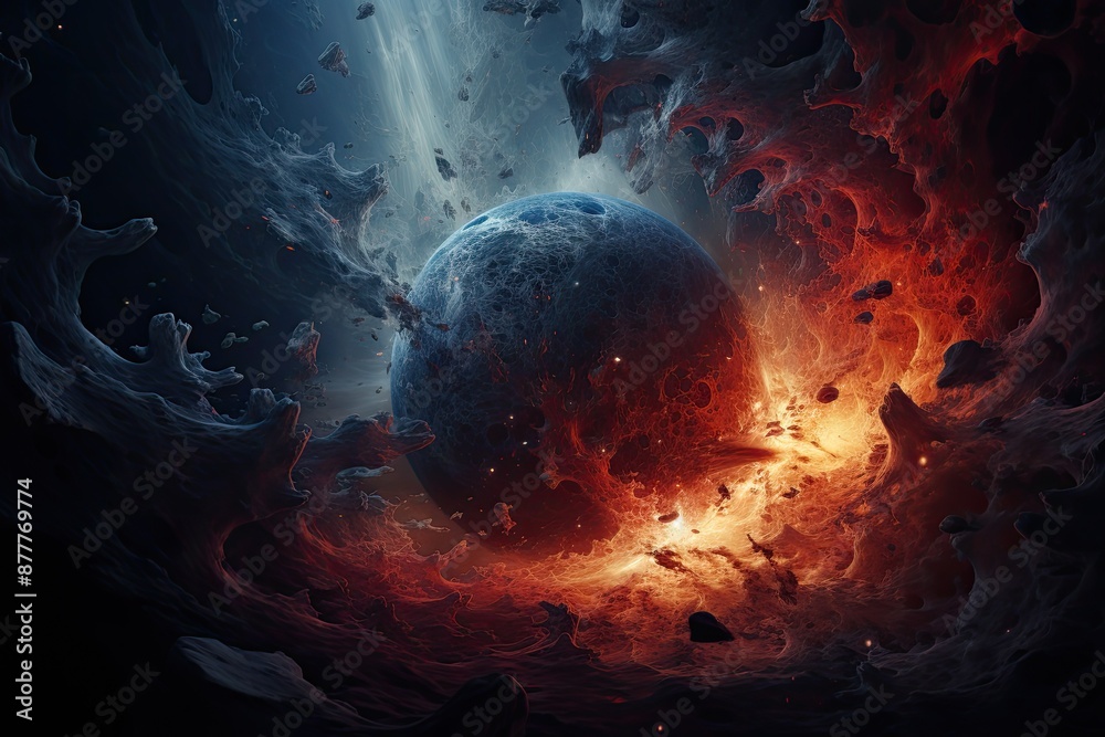 Aufkleber a planet in the middle of a dark space, background representing the concept of entropy in thermodynamics