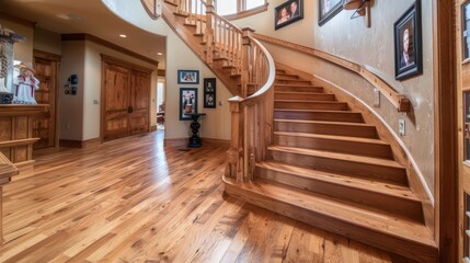 Obraz premium craftsman-style wooden staircase with a curved banister, leading to an upper floor with a gallery of family portraits