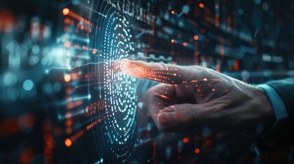 Businessman using a futuristic touch screen interface with data analysis and digital transformation technology.  Concept of big data, analytics, cybersecurity, and innovation