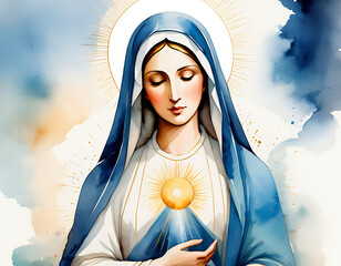 Mother Mary Abstract Watercolor Painting. Bliblical illustration