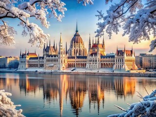 Fototapeta premium Majestic Hungarian Parliament Building stands proudly on snow-covered Danube riverbank in winter, surrounded by frosty trees and serene snowflakes gently falling in Budapest, Hungary.