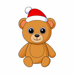 Happy New Year Merry Christmas Funny Cute Teddy Bear with Santa Hat Clipart , Vector Illustration