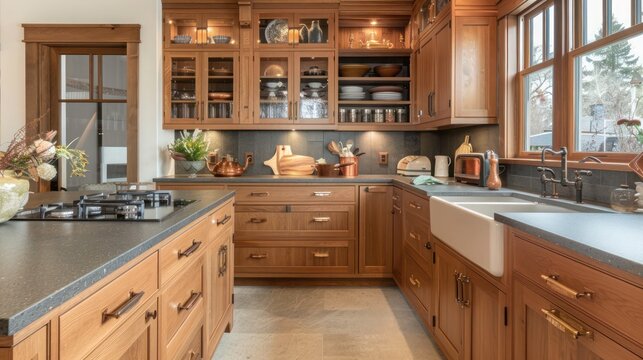 detailed craftsman kitchen with oak cabinets, soapstone countertops, and copper accents