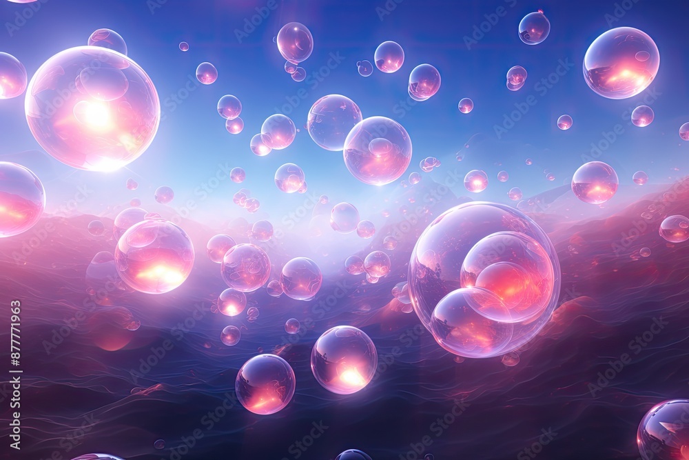 Poster a bunch of bubbles floating in the air, mesmerizing 3D background with ethereal floating orbs