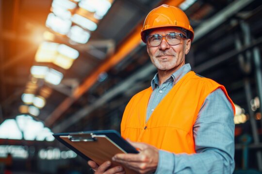 Experienced industrial worker in protective gear inspecting equipment with clipboard in manufacturing plant