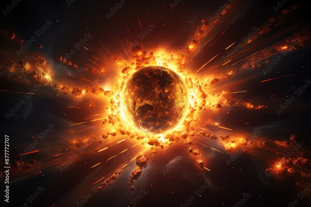 Poster a glowing ball of fire with a black background, An atomic explosion background with dynamic energy waves
