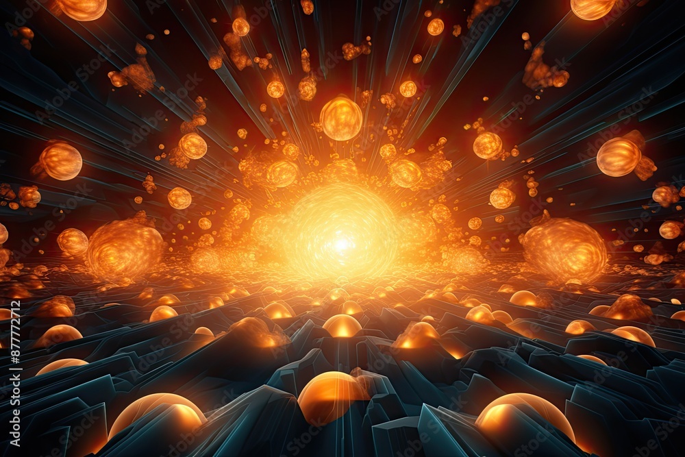 Poster a glowing ball of fire with a black background, an atomic explosion background with dynamic energy w