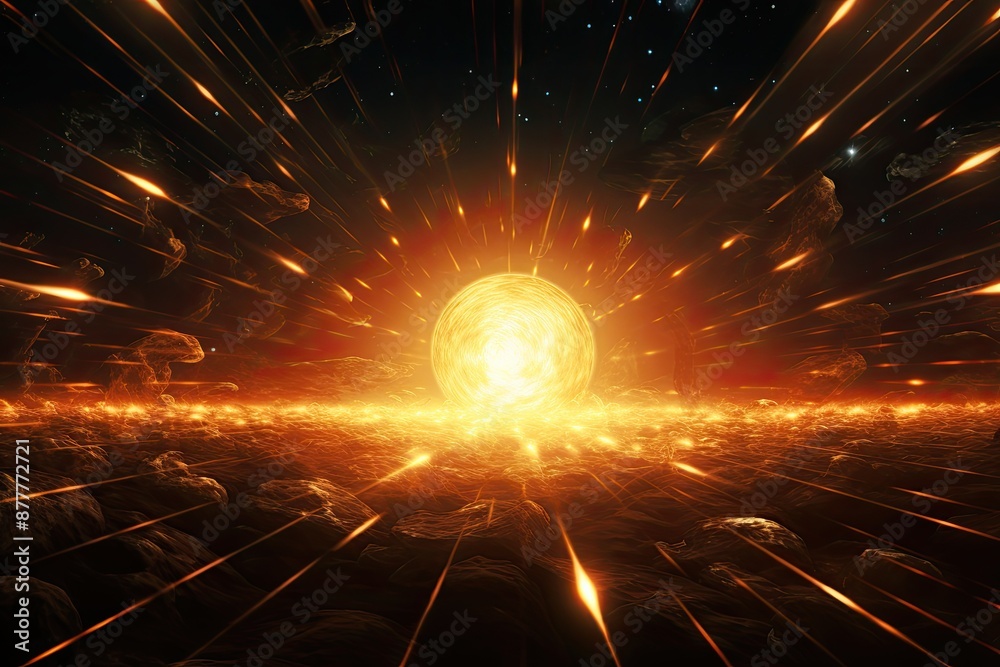 Poster a glowing ball of fire with a black background, an atomic explosion background with dynamic energy w