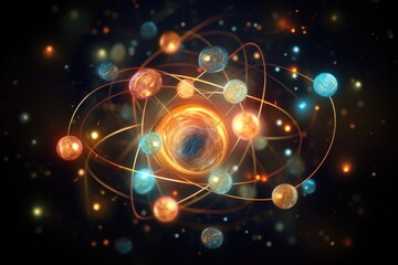 a very big colorful object with many dots, An atomic model with orbiting electrons and nucleus