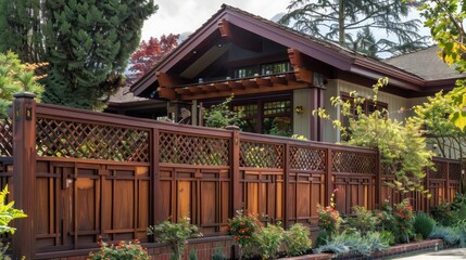Obraz premium handcrafted wooden fence surrounding a craftsman home, with intricate lattice work