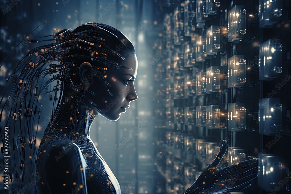 Aufkleber a woman looking at a computer screen with a humanoid head, neural interface allowing direct communication between minds
