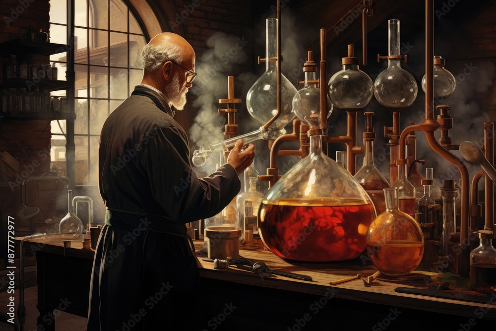 Poster a man in a lab coat is looking at a glass, an illustration of chemical synthesis in progress
