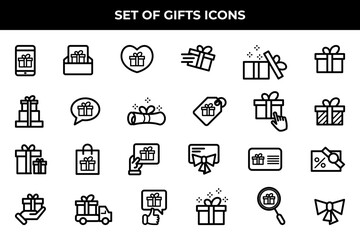 Simple Set of Gifts Related Vector Line Icons. Contains such Icons as Gift Card, Present Offer, Ribbon and more.