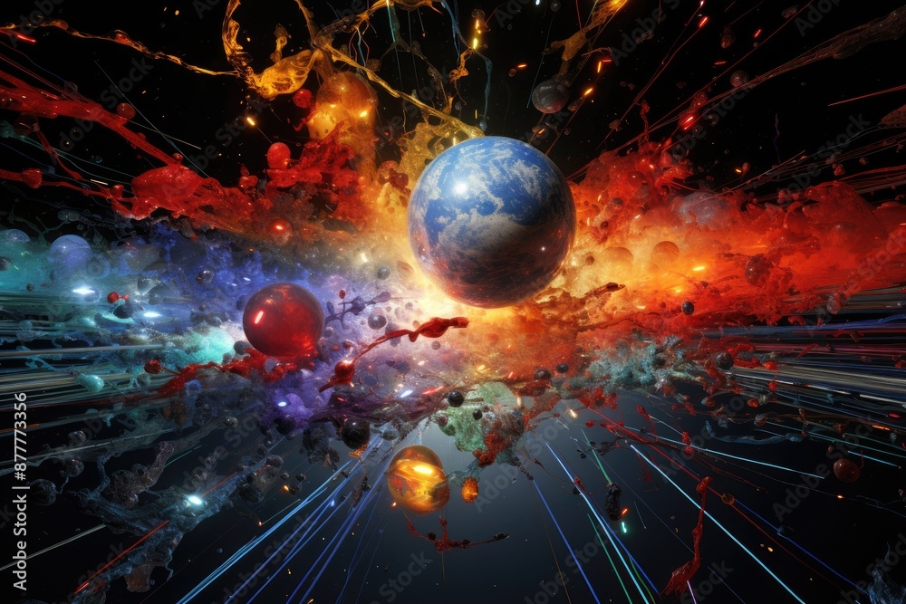 Aufkleber a space scene with a planet and a bunch of stars, particle collision illustration in high-energy exp