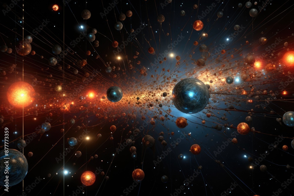 Poster a space scene with a planet and a bunch of stars, particle collision illustration in high-energy experiment