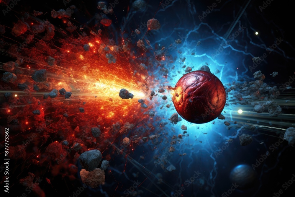 Aufkleber a space scene with a planet and a bunch of stars, particle collision illustration in high-energy experiment