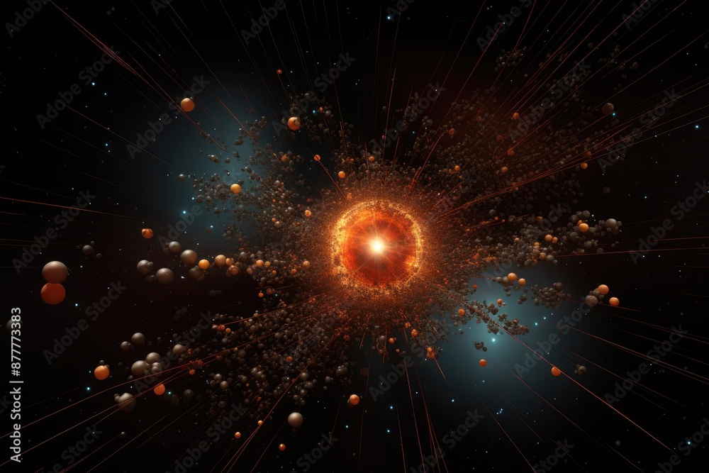 Poster a space scene with a planet and a bunch of stars, particle collision illustration in high-energy experiment