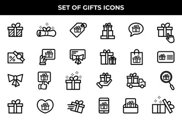 Simple Set of Gifts Related Vector Line Icons. Contains such Icons as Gift Card, Present Offer, Ribbon and more.