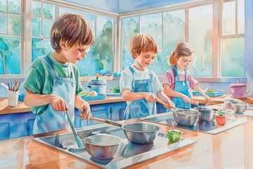 Watercolor Montessori class, children engaged in practical life exercises, unique hyperrealistic illustrations