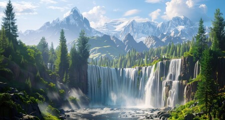 Fototapeta premium Breathtaking Mountain Waterfall Landscape. Serene Nature Scene with Lush Forest, Cascading Water, and Majestic Peaks