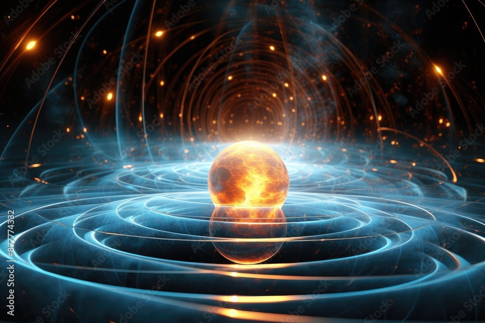 Poster a futuristic space station with a large star in the middle, representation of the photoelectric effect unveiling quantum phenomena