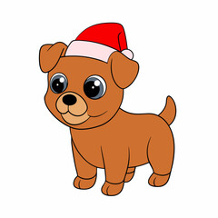 Happy New Year Merry Christmas Funny Baby Dog with Santa Hat Clipart on White Background Vector Illustration