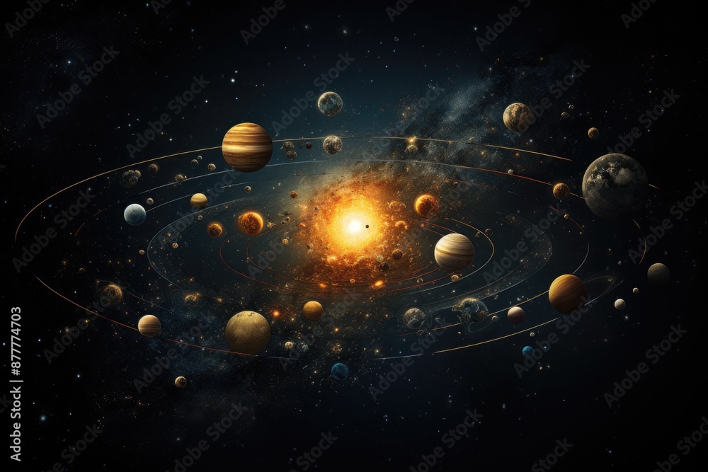Poster a space scene with planets and stars, solar system illustration with planets as elemental symbols