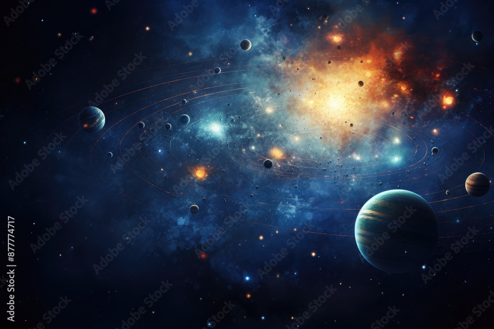 Poster a space scene with planets and stars, solar system illustration with planets as elemental symbols